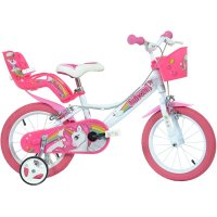 Bicicleta cu pedale, Dino Bikes, Unicorn, Cu roti ajutatoare, Cu cosulet frontal, Cu cosulet pentru papusi, 14 inch, Pana la 115 cm, Pink - 1