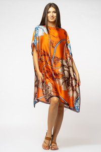 Rochie de plaja poncho din matase cu imprimeu abstract portocalie - 1