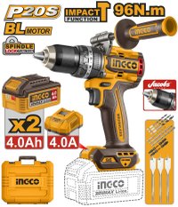 INGCO CIDLI209686E - Masina de Gaurit si Insurubat cu Impact 20V, 96Nm, Motor Brushless, 2 Viteze, 2 Acumulatori 4.0Ah - 1