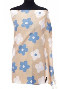 Esarfa din casmir cu imprimeu floral crem si albastru pe fond capucino - 1