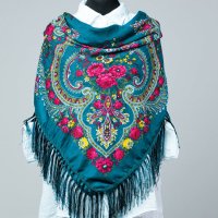 Esarfa mare patrata Pavlovo Posad cu imprimeu floral traditional pe fond turcoaz - 1