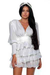 Rochie alba eleganta cu umeri bufanti si volane - 1