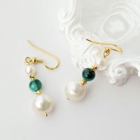 Cercei Eleganti cu Perle si Malachit - Tortita din Argint 925 Placat cu Aur de 18K - 1