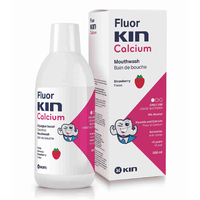 Apa de gura pentru copii cu aroma de capsuni, Fluor Kin Calcium, 500 ml, Kin - 1