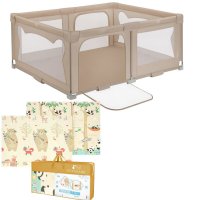 Pachet Tarc de joaca copii, Lionelo, Florence, 150 x 180 cm, Conform cu EN 12227:2010, Bej si Covoras educativ, Bocioland, Panda, Impermeabil, 150 x 180 cm - 1