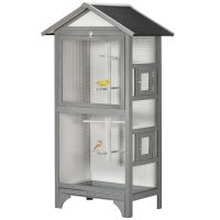 PawHut Cusca pentru pasari in aer liber din lemn de brad, 2 deschideri cu blocare 4 stinghii si tava detasabila, gri deschis | Aosom Romania - 1