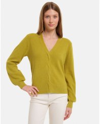 Pulover verde oliv cu decolteu in V si impletitura decorativa - 1