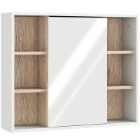 HOMCOM Dulap cu Oglinda din MDF si PAL, Dulap de Baie cu 3 Rafturi Laterale si Raft Reglabil, 60x14.5x49.4 cm, Alb si Lemn Natural | Aosom RO - 1