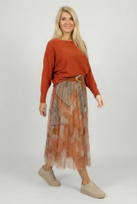 Fusta din tulle cu imprimeu floral portocalie si caramizie - 1