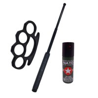 Set 3 accesorii autoaparare IdeallStore®, baston telescopic otel, 50 cm, box si spray paralizant iritant - 1