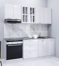 Set de Bucatarie IRIS 200 cm, 6 Corpuri, Cuptor, Sertare, Blat Termorezistent, Fronturi MDF Alb - 1