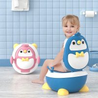 Olita pentru copii Little Mom Pink Penguin, cu picioruse antiderapante ajustabile in inaltime, capac rabatabil cu functie de spatar ergonomic, cu manere de sustinere si vas colector detasabil, dimensiune 34 x 38 x 49 cm - 2