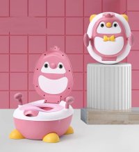 Olita pentru copii Little Mom Pink Penguin, cu picioruse antiderapante ajustabile in inaltime, capac rabatabil cu functie de spatar ergonomic, cu manere de sustinere si vas colector detasabil, dimensiune 34 x 38 x 49 cm - 5