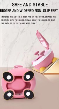 Olita pentru copii Little Mom Pink Penguin, cu picioruse antiderapante ajustabile in inaltime, capac rabatabil cu functie de spatar ergonomic, cu manere de sustinere si vas colector detasabil, dimensiune 34 x 38 x 49 cm - 10