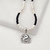 Colier Floare Yin & Yang si Cristal Swarovski - Combinatie de Perle Albe & Onix - Argint 925 - 1