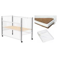 Set patut bebe Qmini Maya din lemn, 120x60 cm, alb, cu laterala culisanta, saltea Cocos Confort II si protectie impermeabila - 1