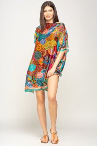 Rochie de plaja poncho din matase cu imprimeu mandala multicolor - 1