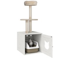 PawHut Cățeluș cu toaletă integrată, turn de joacă 2-în-1 de 129 cm cu ascunzătoare pentru litieră, stâlpi de zgâriat, crem | Aosom Romania - 1