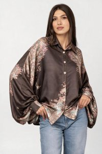 Camasa oversize din satin cu maneci bufante si imprimeu floral bej si maro - 1