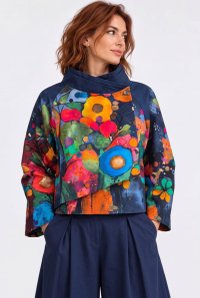 Jacheta scurta bleumarin cu imprimeu floral abstract - 1