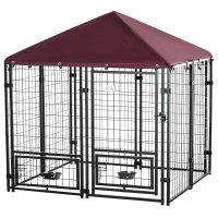 PawHut Cusca de Exterior pentru Caini cu lacatel, 2 Boluri Pivotante si Acoperis Detasabil, Negru si Rosu - 1