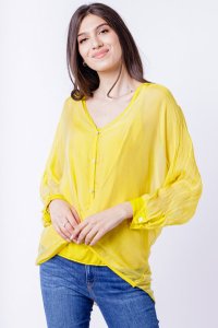Bluza eleganta din matase si vascoza galbena cu fald si maneci fluture - 1