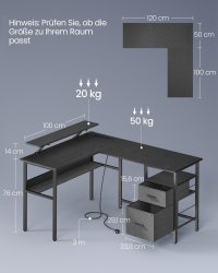 Birou Vasagle Negru 150x120x89 cm - 6