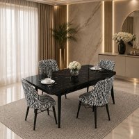 Set masa extensibila Homs cu 4 scaune tapitate zebra, negru, 110 x 70 cm - 1