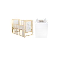 Set mobilier pentru copii BabyNeeds: Patut Timmi din lemn de pin cu laterala culisanta, somiera reglabila, Saltea cocos-burete-cocos 8 cm si Comoda Waldi, Alb/Natur - 1