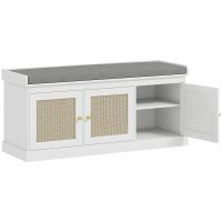 HOMCOM banc de depozitare pentru incaltaminte, pana la 9 perechi, cu 3 usi din ratan, perna detasabila si raft reglabil, 105 x 35 x 47 cm, alb - 1