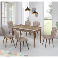 Set masa extensibila cu 6 scaune tapitate Homs marmura/bej 170 x 80 cm picioare lemn - 1