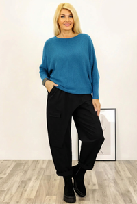 Pulover turcoaz inchis din vascoza, cu maneci fluture si perlute, reversibil - 1