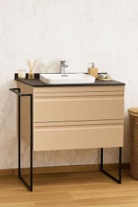 Set Baza Front MDF si Lavoar Seria 633, 80 cm, Cappuccino, cu Sertare si Cardu Metalic - 1
