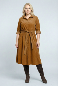 Rochie camasa din catifea reiata cu cordon in talie, camel - 1