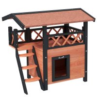 PawHut casuta de exterior pentru pisici cu terasa si scara, acoperis impermeabil, 77 x 50 x 73 cm, maro si rosu - 1