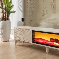 Comoda TV Calvin cu semineu decorativ si LED, bej, 160 cm - 1