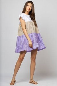 Rochie din poplin de bumbac cu volane colorate lila, bej si alb - 1