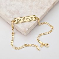 Bratara personalizata - placuta cu text personalizat Believe - Argint 925 placat cu Aur Galben 18K - bratara barbati cu lant - 1