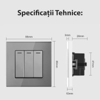 Intrerupator Triplu Cap Scara Cu Panou Din Sticla Securizata Techstar® TGS 01, 220V, 16A, 86 X 86 Mm, Gri, cu 3 Faze - 3