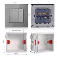 Intrerupator Triplu Cap Scara Cu Panou Din Sticla Securizata Techstar® TGS 01, 220V, 16A, 86 X 86 Mm, Gri, cu 3 Faze - 1