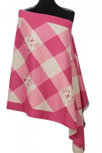 Esarfa mare din casmir cu design dublu fata in carouri cu pisici, fucsia si alb - 1