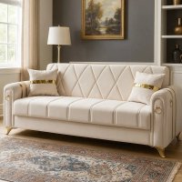 Canapea extensibila cu lada de depozitare 220x87x93 cm , bej si detalii aurii –Camara - 1
