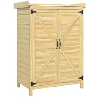 Outsunny Căsuță de Grădină din Lemn cu Rafturi și Cârlige, Dulap cu Uși Duble și Blat Metalic Zincat, 71,5x39x95cm, Natural - 1