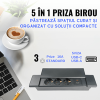 Priza incorporabila in blat ATOMKIT®, Ideala pentru Birou, Bucatarie, Mobila, 3 prize Shucko, 1 Port USB-A si Port USB-C - 4