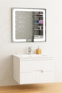 Set Baza front MDF cu Lavoar si Oglinda cu iluminare LED, seria 009, suspendata, cu sertare, 80 cm, alb - 1
