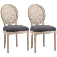Set de 2 Scaune de Masa HOMCOM, Stil Louis XVI, Lemn Masiv Sculptat, Gri cu Spatar din Trestie | Aosom Romania - 1