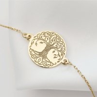 Bratara banut cu copacul vietii gravat - Argint 925 placat cu Aur Galben 18K si lantisor - 1