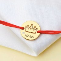 Bratara Mica Printesa cu Diamant Natural - Banut Personalizat 12 mm - Argint Placat cu Aur Galben 18K - Snur Reglabil - 1
