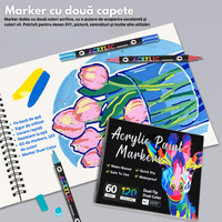 Set 60 carioci profesionale Acrilice cu Varf dublu, 120 Culori cu cerneala pe baza de apa, multicolore pentru desen - 2