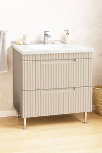 Baza frontala MDF cu lavoar seria 833, 80 cm, crem, cu sertare incluse - 1